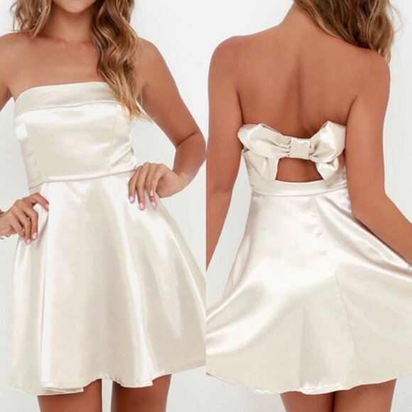Lulus Bow Monde Champagne Strapless Dress Size Large - Picture 1 of 11